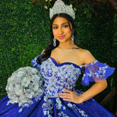 Royal Blue Ball Gown Off-Shoulder Floral Lace & Beaded Tulle Quinceanera Dress for Sweet 16 & Princess Evening Parties